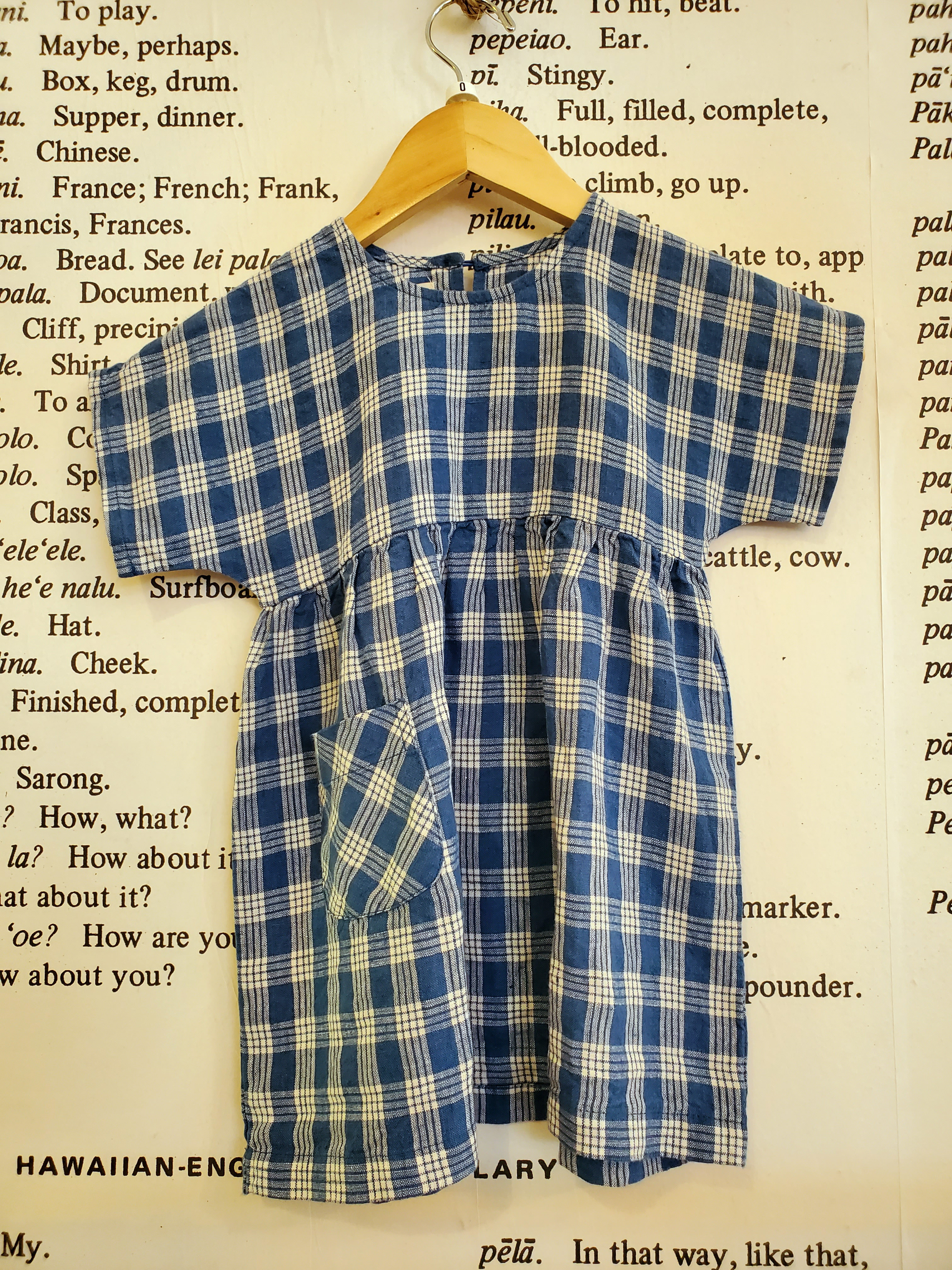 Keiki or childrens linen blue Palaka Dress in various sizes.